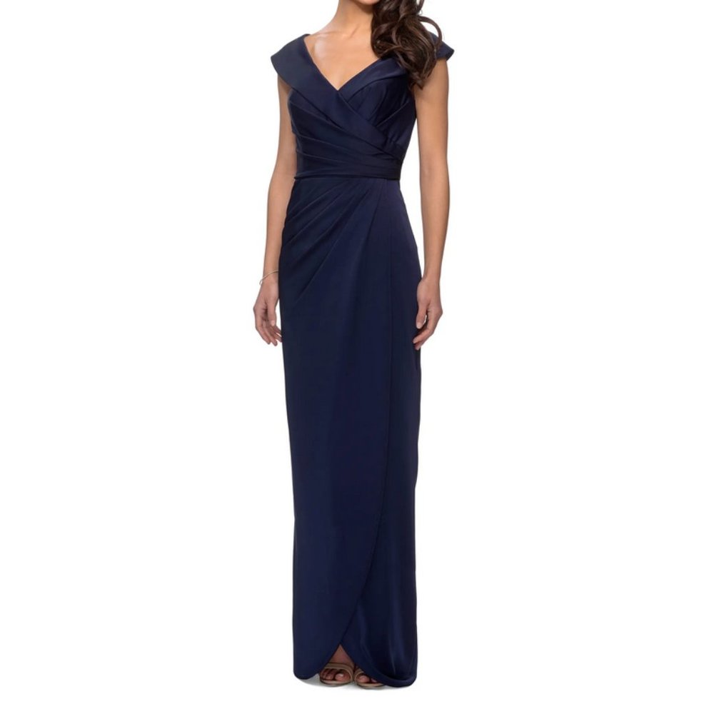 New 365$ La Femme 25206 Surplice Off Shoulder Column Gown Maxi Dress Sz 14 Blue
